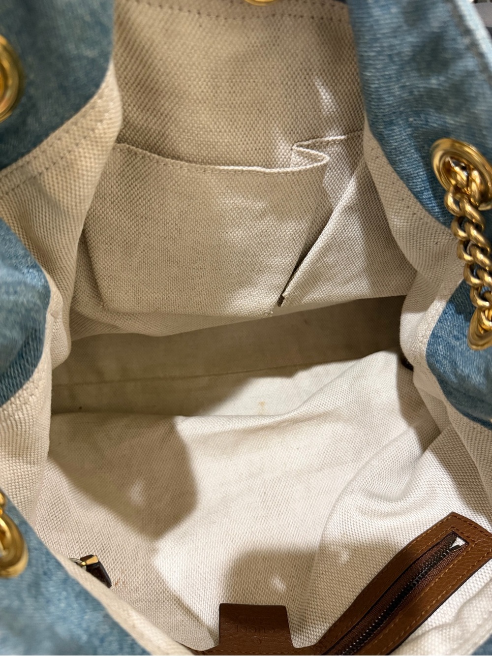 Gucci Light Blue Denim Shoulder Bag with Brown Leather Tassel and Gold Chain - Picture 5 of 7